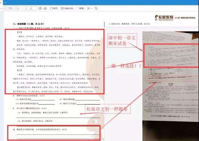 深圳中学与松鼠知行语文押题卷对比图